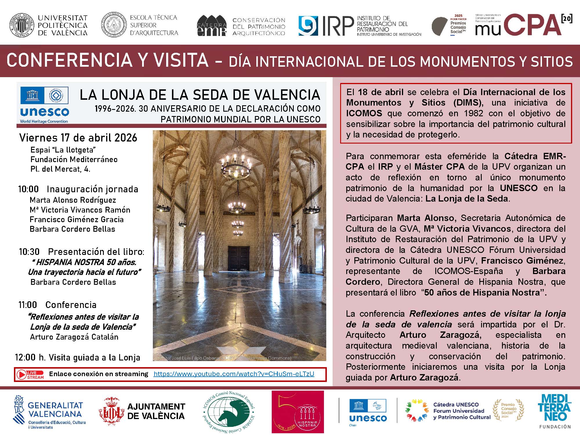 1996-2026. 30 Aniversario de la declaración de la Lonja de Valencia como Patrimonio Mundial por la UNESCO